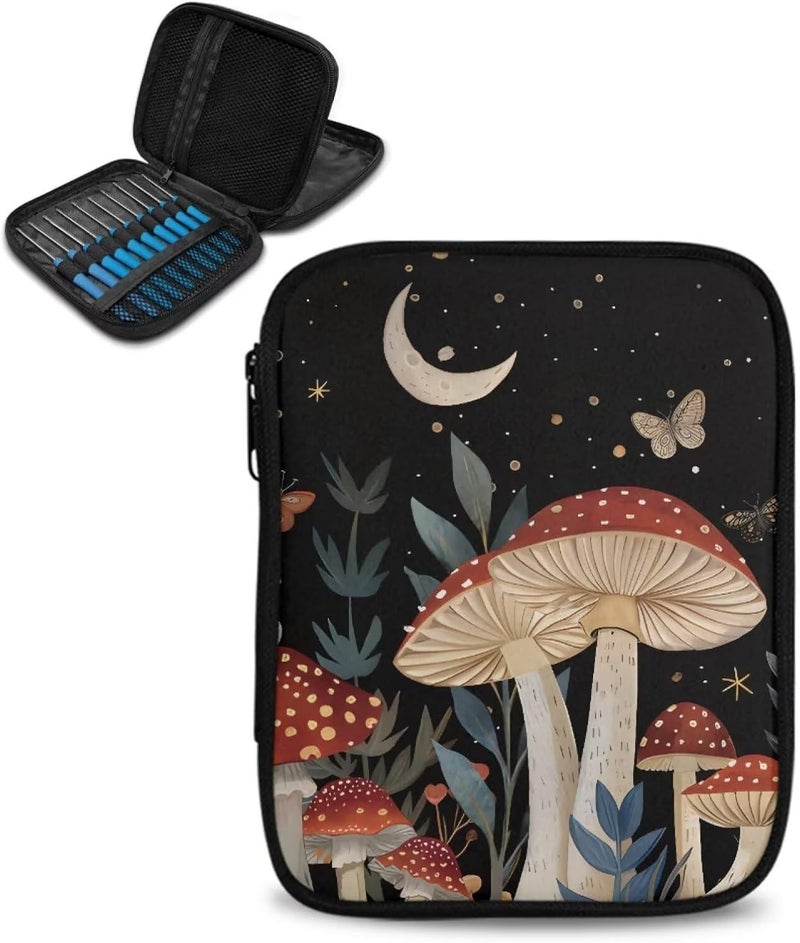 Vanideaoty Store Moon Mushroom Crochet Hook Case Organizer Easy to Clean Knitting Needle Storage with Web Pockets Crochet Hook Case for Travel Lightweight - Image 1